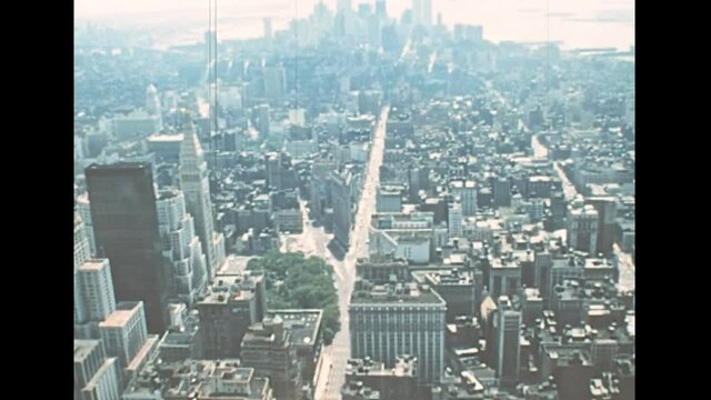 Twin Towers and Madison Square with Flatiron Building in old New York city with historic 1900s buildings. Archival skyline of Manhattan skyline in 1970s. Vintage United States of America in 1976.