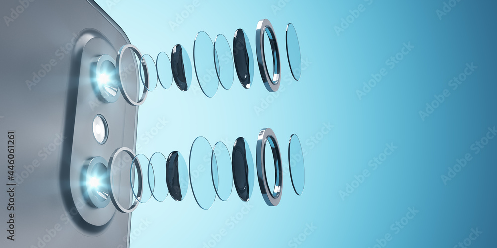 Poster Decomposed smartphone camera lens on blue background with mock up place for your advertisement. Technology, mobile photography and progress concept. 3D Rendering.