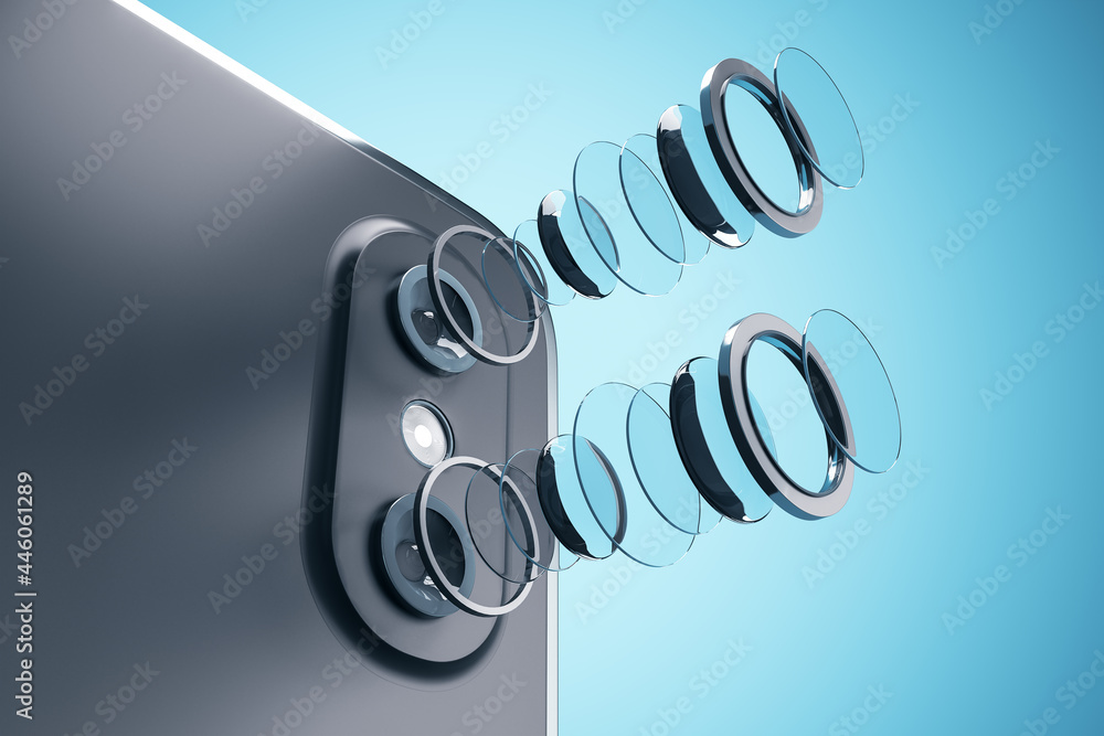 Poster Decomposed smartphone camera lens on blue background. Technology, mobile photography and progress concept. 3D Rendering.