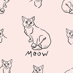Vector seamless pattern sitting cat. One line drawing in the style of minimalism. Pet and the inscription meow on a gentle background. Design for printing on textiles, packaging, paper, wallpaper.