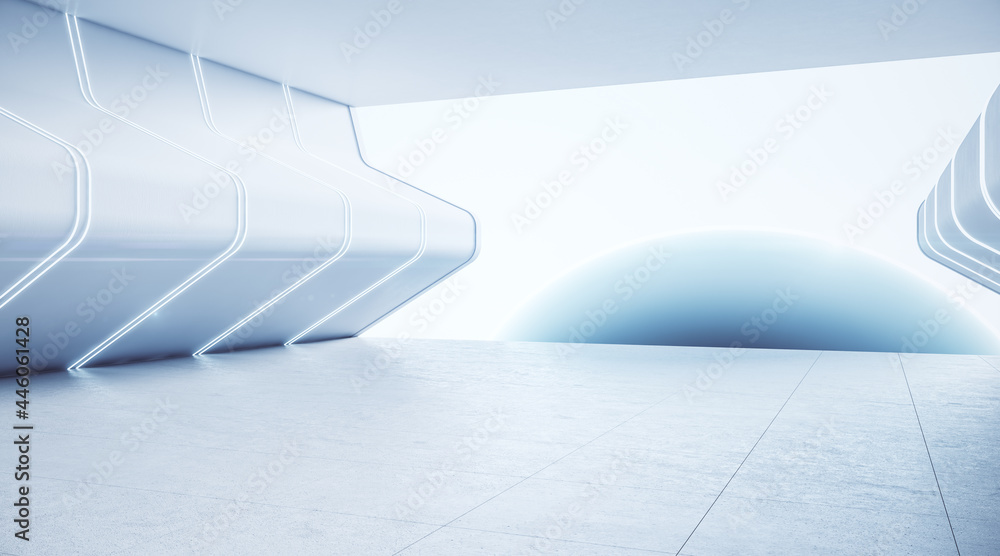Poster light futuristic white space interior. 3d rendering.