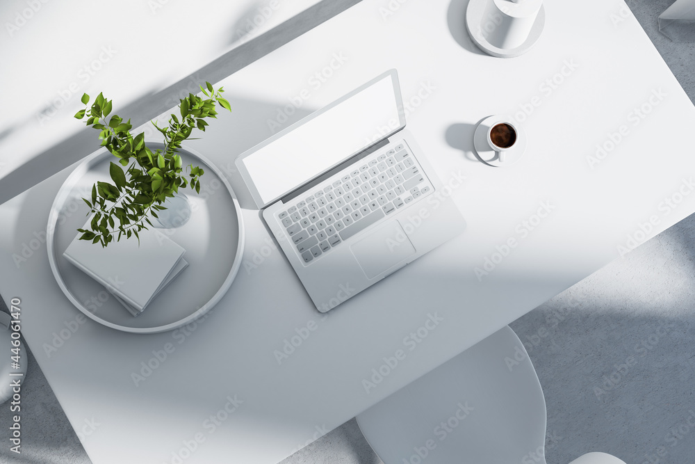 Poster top view of white office workplace with empty laptop and other items. hipster home workplace. mock u