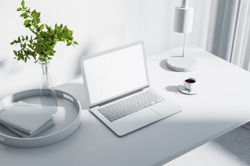 White shadows workspace with blank laptop screen, lamp, coffee mug and notebooks. 3D rendering, mock up