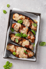 eggplant aubergine stuffed minced meat with tomato sauce and mozzarella cheese