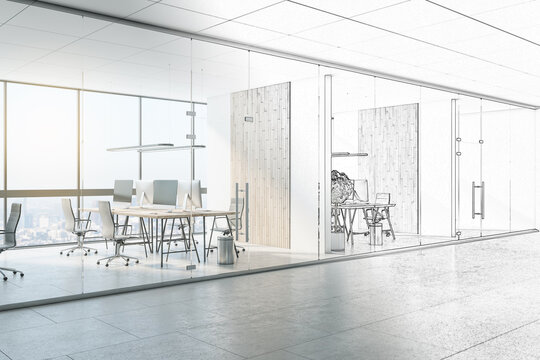 Bright office interior sketch. Repairs, refurbishment, before and after concept. 3D Rendering.
