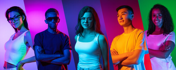 Collage of images of 5 models, men and women standing isolated on multicolored background in neon light, Calm, composed, adorable people