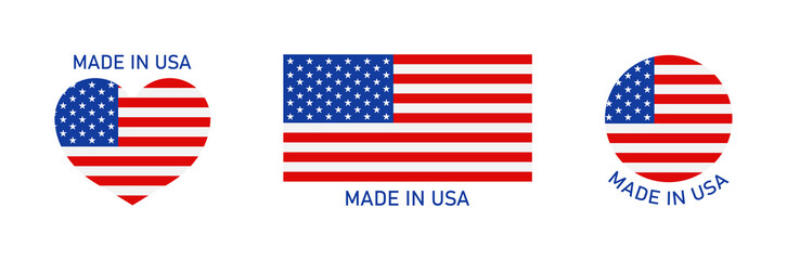 Made in usa icon. Flag of america for badge, logo of product. American stamp, banner, label and sticker of manufactured product. Original emblem of quality, authentic of us. National tag. Vector