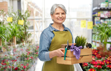 gardening, farming and old people concept - portrait of smiling senior woman in green apron holding wooden box with garden tools over flower shop background