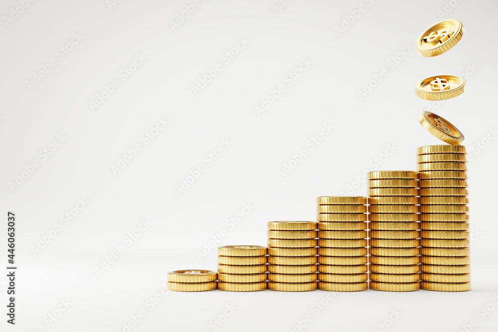 Poster us dollar realistic coins stacking and falling for increasing on white background , money saving and