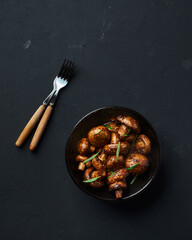 Oven baked Mushrooms with teriyaki sauce. Top view 