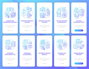 Traineeship programs onboarding mobile app page screens set. Personal coordinator walkthrough 5 steps graphic instructions with concepts. UI, UX, GUI vector template with linear color illustrations