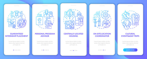 Traineeship program benefits onboarding mobile app page screen. Cultural events walkthrough 5 steps graphic instructions with concepts. UI, UX, GUI vector template with linear color illustrations