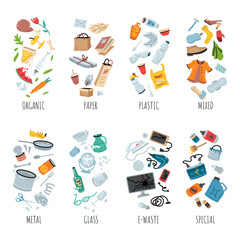 Waste collection, segregation and recycling illustration. Garbage separated into different types and collected into waste containers. Set of types of garbage - organic, plastic, metal, paper, others 