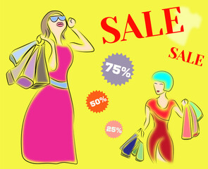 Two girls shopping. Big sale