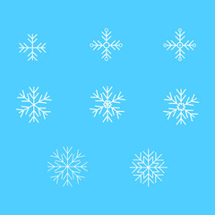 Fototapeta na wymiar Set of white snowflakes icons on a blue background. Snowflake icons. Snowflake vector icon