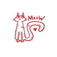 Fototapeta na wymiar Card with cute cartoon meow cat. Funny doodle kitten. Vector contour image. Playful animal print.