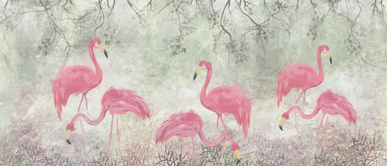 Foto op Plexiglas cute exotic flamingos, tropical pattern photo wallpaper in the room, texture background © Viktorious_Art