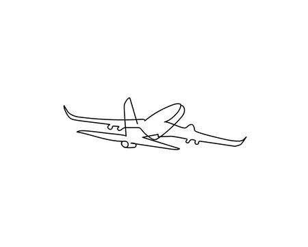 Plane continuous line drawing. One line art of flight, jet.