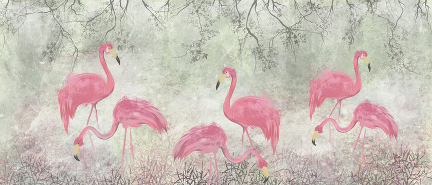 cute exotic flamingos, tropical pattern photo wallpaper in the room, texture background