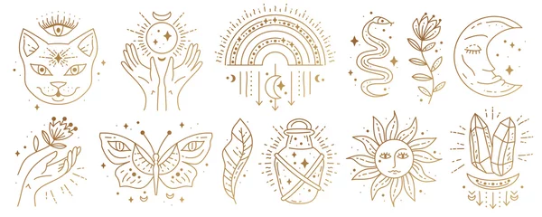 Fotobehang Set of magic boho symbols. Collection of gypsy sacred elements and sign in modern boho style. Golden minimal line art. © Pictulandra