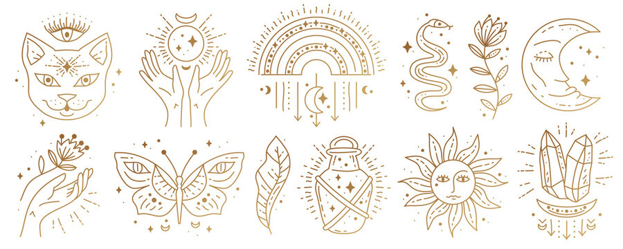 Set of magic boho symbols. Collection of gypsy sacred elements and sign in modern boho style. Golden minimal line art.