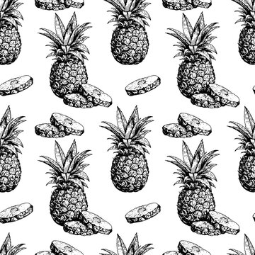 Hand drawn pineapple vekor seamless pattern, sketch of a pineapple whole and pieces, black and white