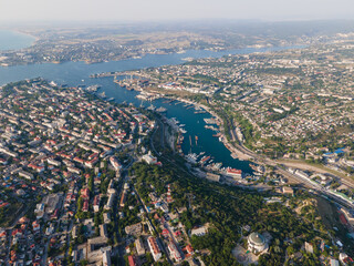 Panorama of the evening city. Bird's eye view of the bay. city ​​port on the Black Sea.