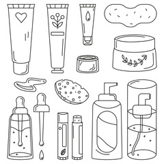 Set of hand drawn doodle outline elements of facial skin care products, isolated vector illustration on white background