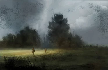 Abwaschbare Fototapete Grau 2 digitales Malen von Charakteren in einer großen Landschaftsumgebung mit Schwärmen von Kreaturen am Himmel - 3D-Fantasy-Illustration