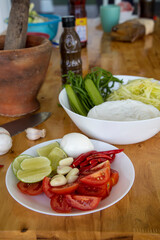 Ingredients to prepare Som Tam Thai spicy green papaya Salad