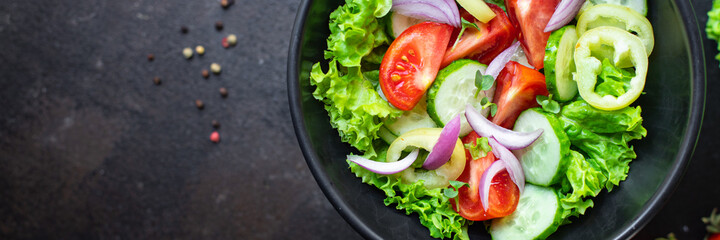 salad vegetable tomato, cucumber, pepper, onion, lettuce meal snack copy space food background rustic. top view