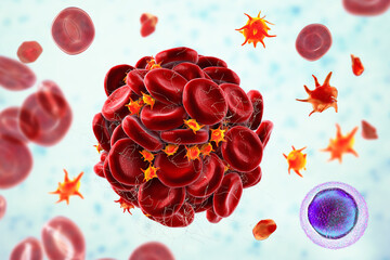 Blood clot made of red blood cells, platelets and fibrin protein strands. Thrombus