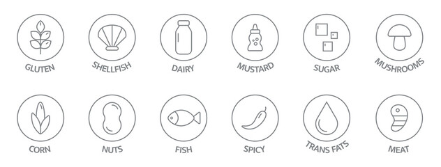 Allergen line icon big set. Organic and natural food labels. Nut, corn, milk, mustard, lactose fish, mollusk free. Allergy warning ingredients. Vector illustration