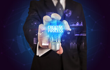 Businessman holding a light bulb, new business concept
