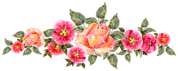 Watercolor border of roses on white background.