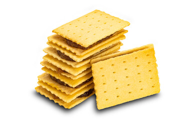 High angle view stack of cheese shake biscuit filled with pineapple jam on white background.