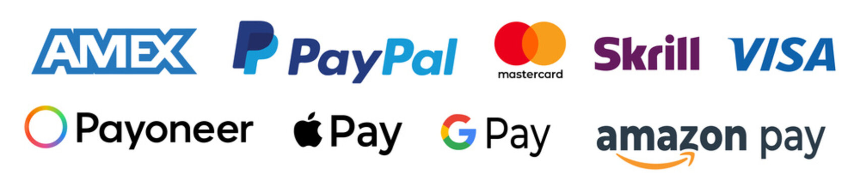 set of vector logos of payment systems amex, paypal, mastercard, skrill, visa, payoneer, apple pay, google pay, amazon pay. Editorial illustration