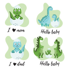 Congratulations on the birth of child for parents. The little dinosaur loves mom and dad. Hello baby. Newborn baby concept. Vector illustration for invitation, cards, decoration party. Dino for kids.