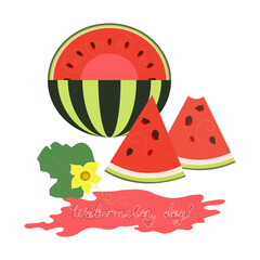 National Watermelon Day. Summer fruit mood with fresh ripe red sliced watermelon and slices. Yellow flower with a leaf. Flat drawing vector illustration. Design for packaging juices, stickers, po