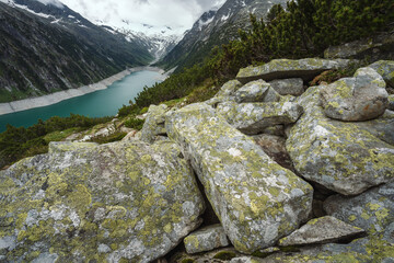 Schlegeis Stausee lake view. Zillertal, Austria, Europe
