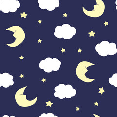 Fototapeta na wymiar Vector seamless pattern with crescent, stars, and clouds on purple backdrop. For wallpapers, fabric, textile and linen, print clothes and pajamas, gift and wrapping paper, invitation to pajama party.