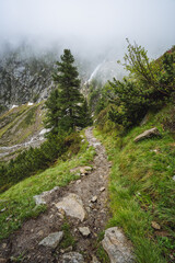 Summer view of alpine mountain valley with winding stream and glacial lake. Sulzenau Alm, Stubai Alps, Austria