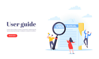 User manual guide book flat style design vector illustration. Tiny people and giant pencil working together with guide book. Specifications user guidance document.