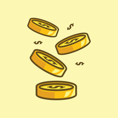 Drop of coins dollar cartoon symbol illustration black line art design vector