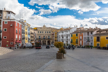 Amazing view at the Plaza Mayor on Cuenca downtown, with typical traditional colored architecture buildings