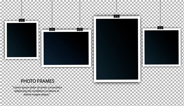 Collection of photo templates. Set of black realistic photo frames. 3D design, There are horizontal and vertical decorative objects on the wall. Vintage style. Vector illustration.
