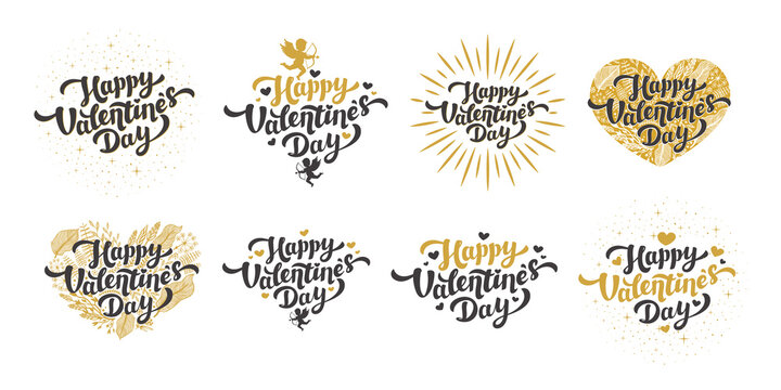 Golden Happy Valentines Day Quotes Lettering With Hearts Cupids Vintage