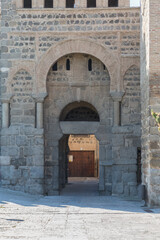 View at the Puerta de Bisagra (originally Bab al-Saqra, also called Puerta de Alfonso VI) a monumental moorish main city gate entrance on Toledo fortress