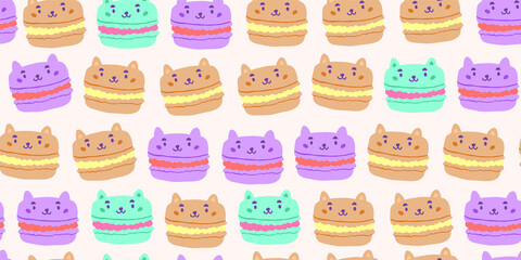 Vector seamless pattern with cat macarons isolated on white. Kids doodle illustrations. kids unisex textile design, baby textile design with sweets, cats