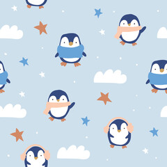Cute vector seamless pattern with penguins, stars, clouds on blue background. Kids doodle illustrations. Cute penguin, stickers, stylish penguin animals, kids unisex textile design, boys - 446071830